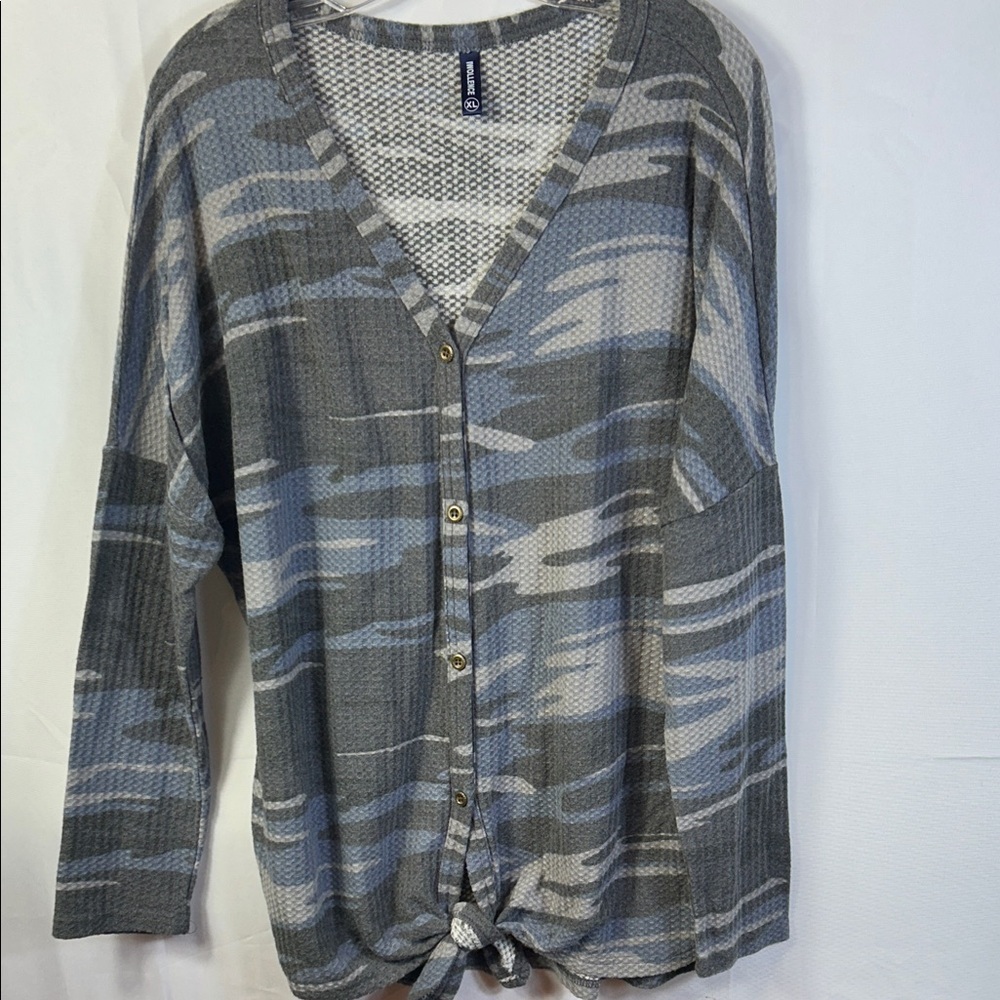 Iwollence Tunic Button Down Waffle Weave Gray Blue Camouflage Longsleeve Size XL